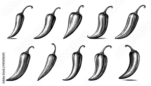 Jalapeño Peppers in Vintage Botanical Style black and white illustration