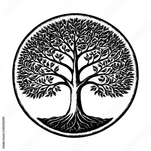 Tree of life woodcut style black and white illustration