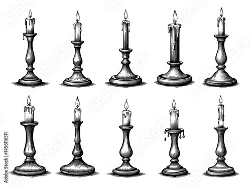 Hand-drawn Candlesticks Engraving Style Black and White illustration