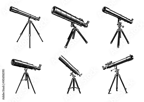 Antique Refracting Telescopes in Vintage Illustration Style in Black and White