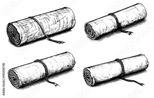rolled scrolls set tied twine ink drawing black and white illustration