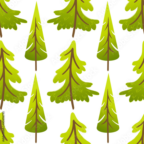 Seamless pattern with cartoon fir trees with trunks. Cute stylized pine tree background in flat design. Winter forest illustration for fabric, kids products, wrapping paper and woodland themes.