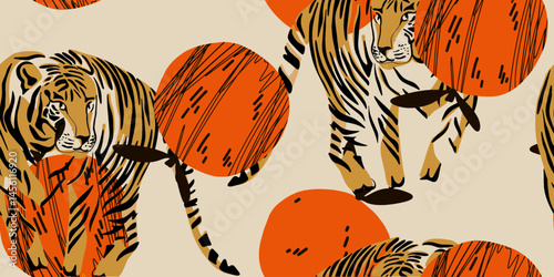 Tigers and Orange Circle Illustration.  Hand drawn unique print.