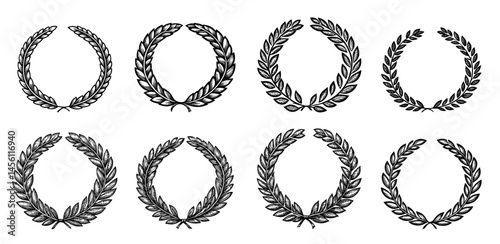 laurel wreaths set hand drawn style black ink white background