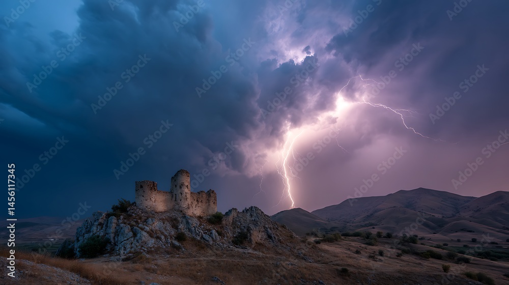 Castle ruins struck by lightning on mountain Castle ruins struck by lightning on mountain