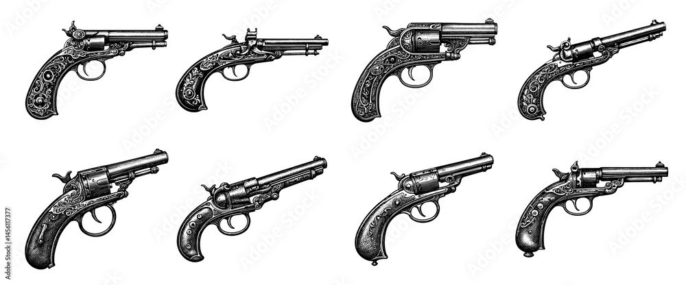 Obraz premium Antique handguns set engraving illustrations in black and white, vintage firearms