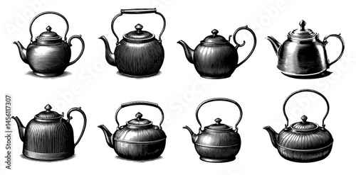 Antique teapots set woodblock illustrations in black and white  kitchenware