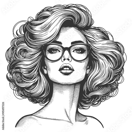 woman with large glasses and voluminous wavy hair, gazing thoughtfully sketch engraving generative ai fictional character vector illustration. Scratch board imitation. Black and white image.