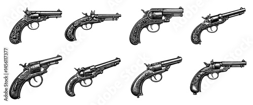 Antique handguns set engraving illustrations in black and white, vintage firearms