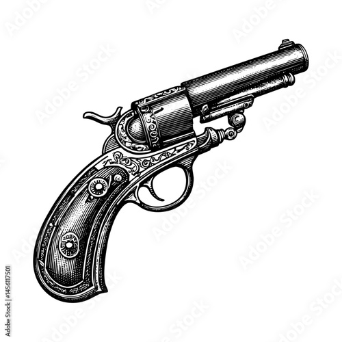Ornate revolver vintage engraving in black and white, antique firearm