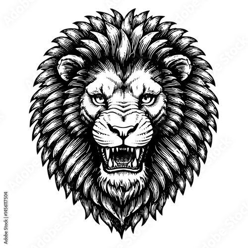 Lion head fierce snarling showing teeth,vintage black and white illustration