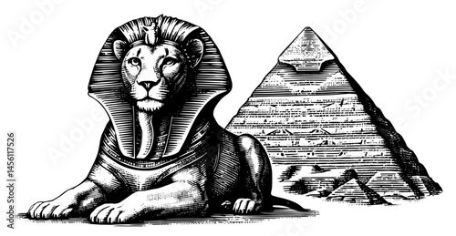 Sphinx statue guarding Pyramid monument against desert background, black and white illustration
