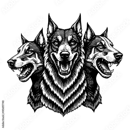 Cerberus, three headed hound black and white illustration