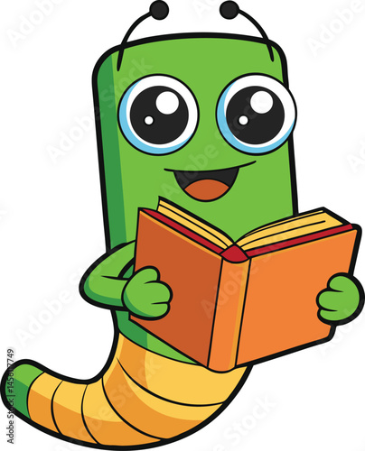 Bookworm with big eyes and a cheerful smile is engrossed in reading a book.