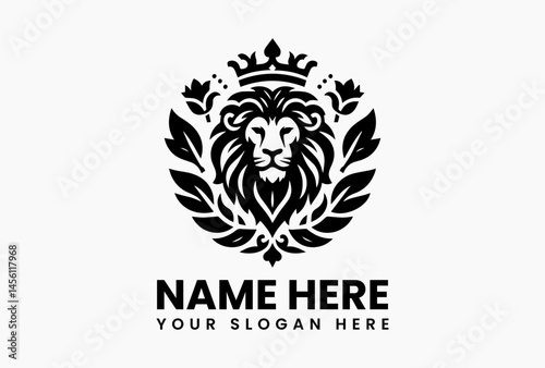 Polygonal lion head crowned with geometric lotus flowers, modern vector logo for Asian-inspired brands and spas  