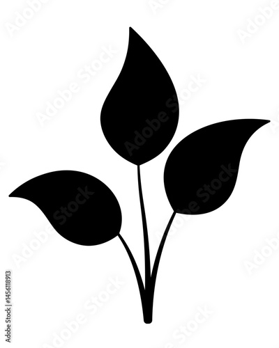 Three leaves on branches. Seed sprouted into a plant. Silhouette. Sprout of seedling. Vector illustration. Isolated white background. Idea for web design.