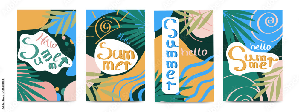 Fototapeta premium Summer greeting clipart poster set. Summer tropical leaves clip art in colorful abstract background collection for seasonal greeting card vector illustration.