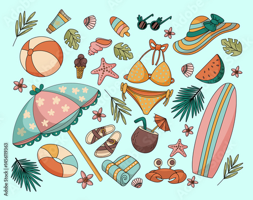 A collection of stickers featuring various beach and summer-related items such as umbrellas, boats, and sunglasses
