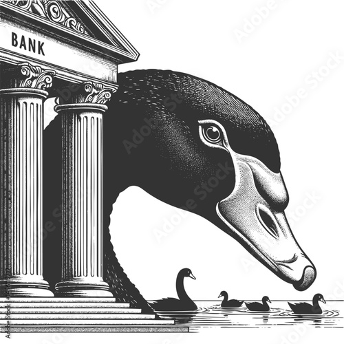 giant black swan next to a classical bank building, symbolizing rare and catastrophic financial events sketch engraving generative ai vector illustration. Scratch board imitation. Black and white.