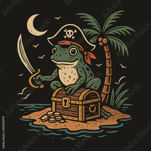 Frog Pirate Guarding Treasure Chest on a Tropical Island Illustration