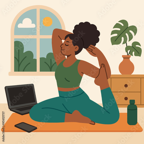 Woman Practicing Yoga Pose Indoors with Laptop and Mobile Phone