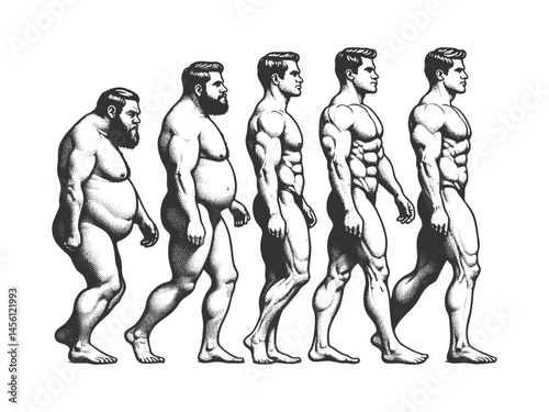 progression from an unfit man to a muscular bodybuilder, symbolizing transformation, fitness, and self-improvement sketch engraving generative ai vector illustration. Scratch board. Black and white.