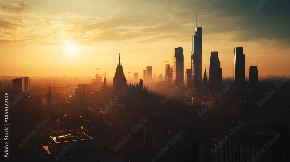 Naklejka premium The beautiful skyline of Milan at sunset, with the Duomo and modern skyscrapers casting long shadows