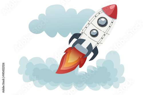 Space Rocket Ascending Amidst Clouds with Flaming Engine, Perfect for Science, Technology, and Innovation Themes