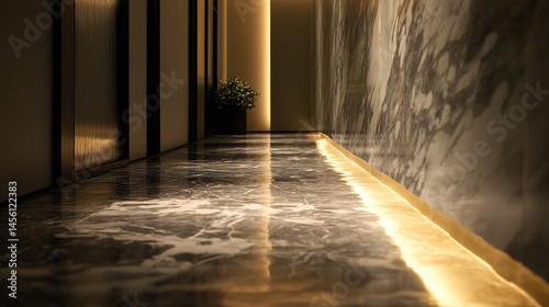Elegant marble corridor with soft lighting and metallic dialect enhancing the aura