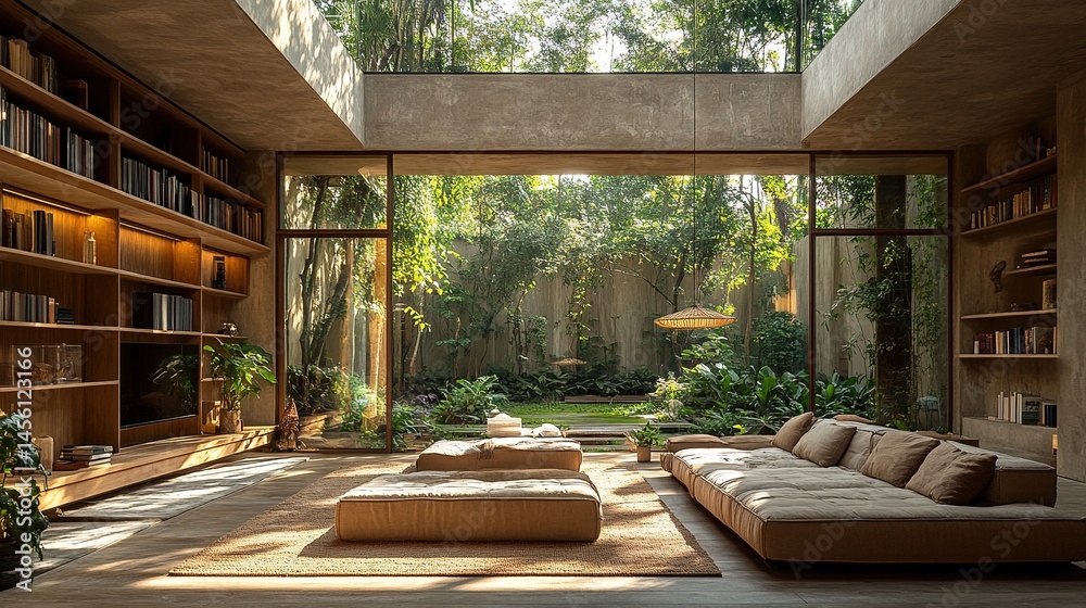 Fototapeta premium The open-plan living space features a biophilic design with hanging plants, wooden textures and large skylights, creating a serene and minimalist ambience.