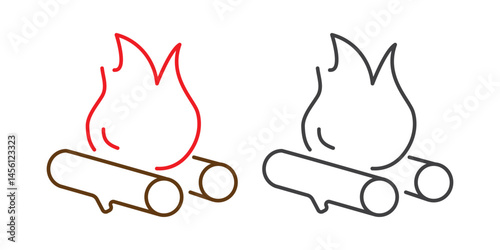 Campfire linear icon set isolated on transparent background. Two variants of fire line icons color and monochrome. Editable stroke. Simple campfire icons.