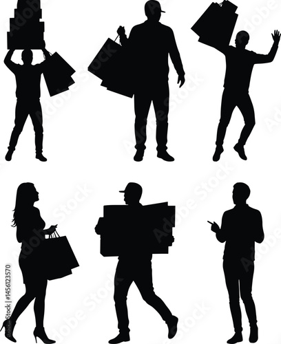 Trendy diverse shopper silhouettes with bags and boxes celebrating successful purchases