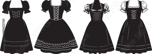 Trendy collection of traditional Bavarian Dirndl dress silhouettes perfect for Oktoberfest and cultural designs