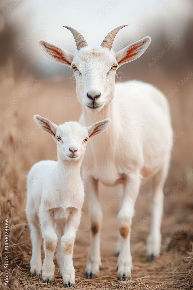 Mountain spring scene with goat mother leading baby along trail Mountain spring scene with goat mother leading baby along trail