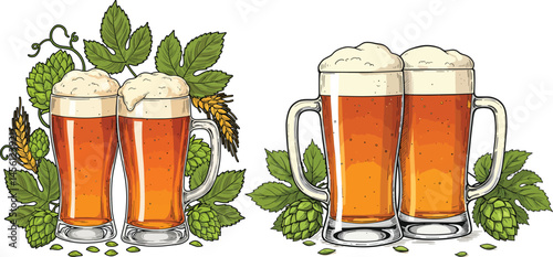 Trendy vibrant illustration of Oktoberfest beer steins and hops perfect for brewing and celebration designs  