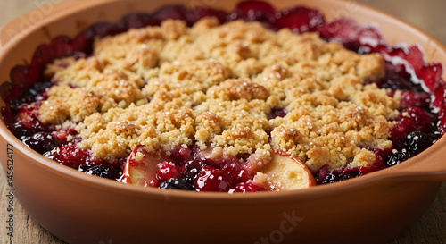 Delicious Apple Berry Crumble Baked in Ceramic Dish Top View