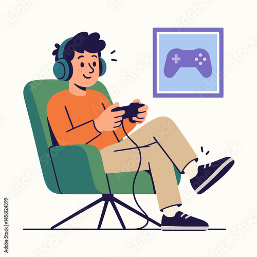Boy Playing Video Game Sitting on Chair Wearing Headphones at Home