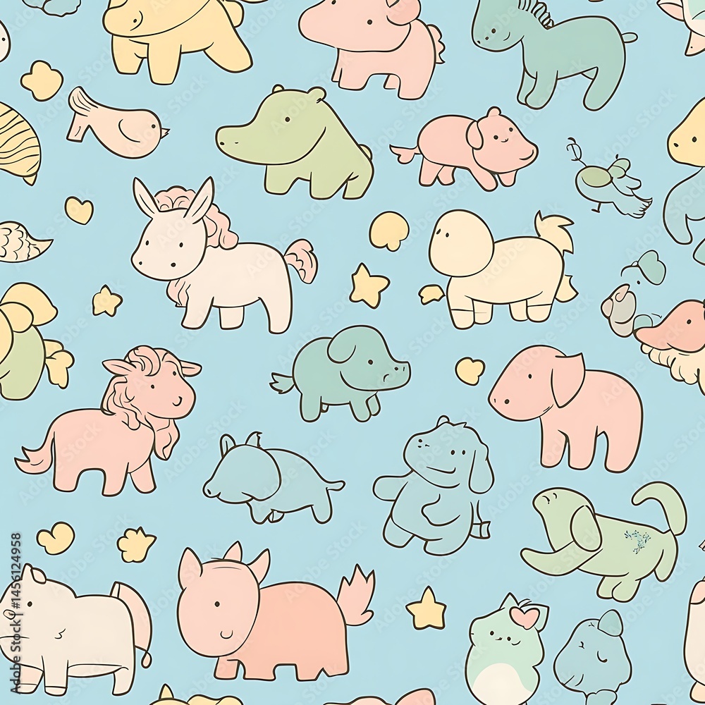 Fototapeta premium Cute Animal Seamless Pattern: A delightful and playful seamless pattern featuring adorable cartoon animals in a whimsical array of colors and styles. The pattern is perfect for kids' clothing.