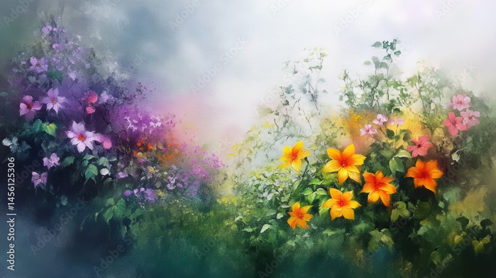 Obraz premium A vibrant garden scene filled with blooming flowers in shades of purple and orange, surrounded by lush greenery, This serene image can be used for nature-themed projects, gardening articles, or decor