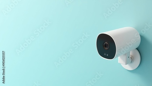 White camera. Minimalist design. Home security. Smart technology. Wall mounted. Modern background. Indoor surveillance. Office safety. Blue pastel. Minimal aesthetic. Dynamic angle. Technology concep