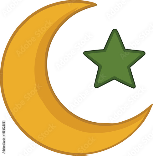 A vibrant design featuring a crescent moon with a green star, symbolizing Islamic faith, unity, and spirituality. This design represents a modern and colorful interpretation of Islamic symbols