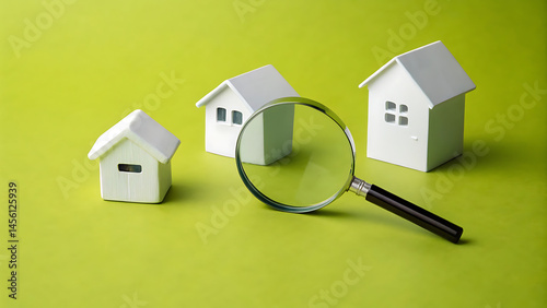 Magnifying glass over houses on orange background real estate search