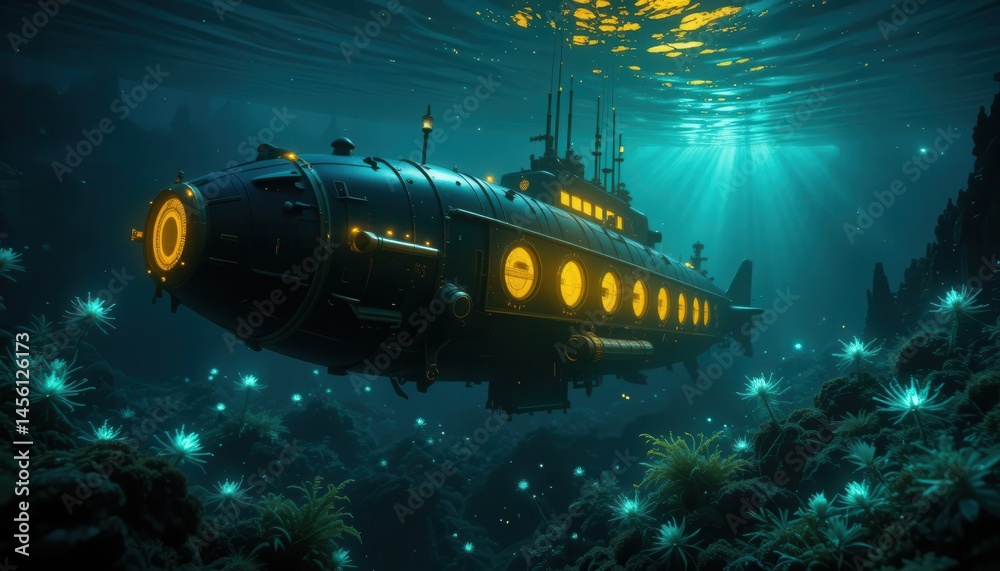 Futuristic Submarine Exploring Vibrant Underwater Coral Reef with Marine Life in Deep Ocean Futuristic Submarine Exploring Vibrant Underwater Coral Reef with Marine Life in Deep Ocean