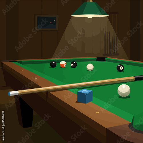 Playing Billiards Balls on a Green Table with Cue Stick