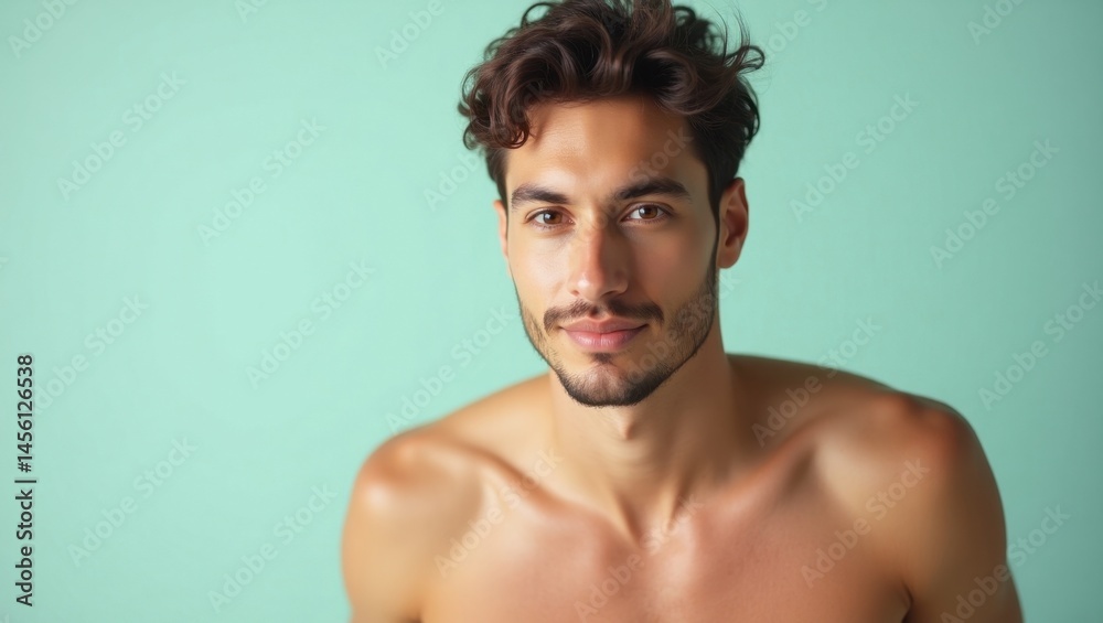 Fototapeta premium Young man. Handsome shirtless man with curly hair on turquoise backgro