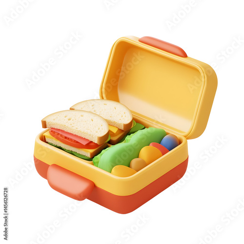 3D lunchbox with sandwich and vegetables, ideal for meal prep visuals.