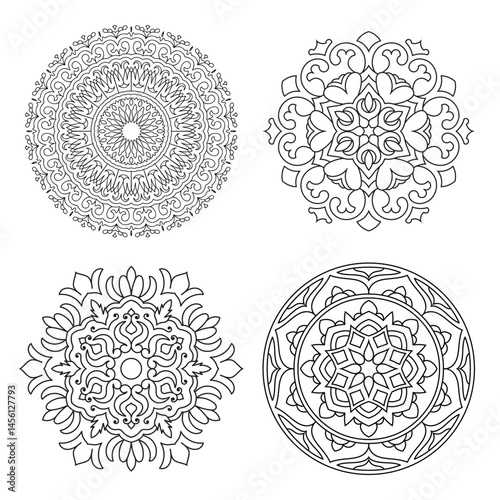 Set of 4 intricate hand-drawn mandala coloring pages with detailed floral and geometric patterns. Ideal for meditation art, yoga-themed decor, mindfulness activities, tattoo inspiration, stress relief