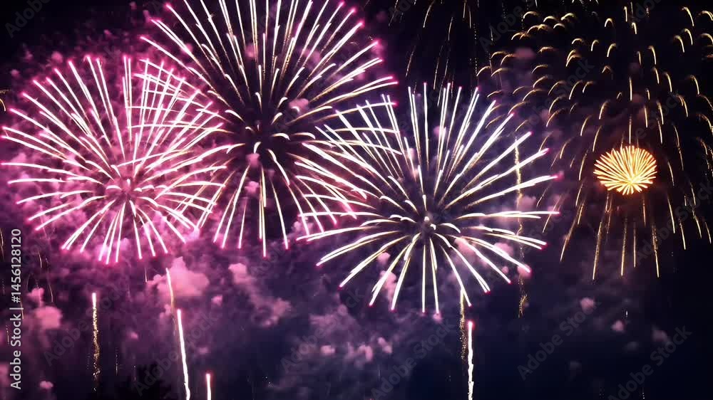Pink and Gold Fireworks Display at Night