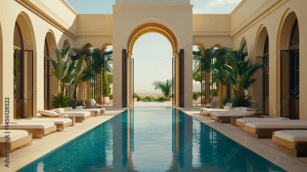 Fototapeta premium Luxurious Moroccan Resort Pool with Archways and Ocean Views on Sunny Day