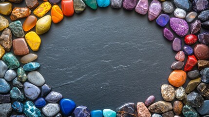 Colorful polished stones border on dark slate background art gems rocks frame decor earth image